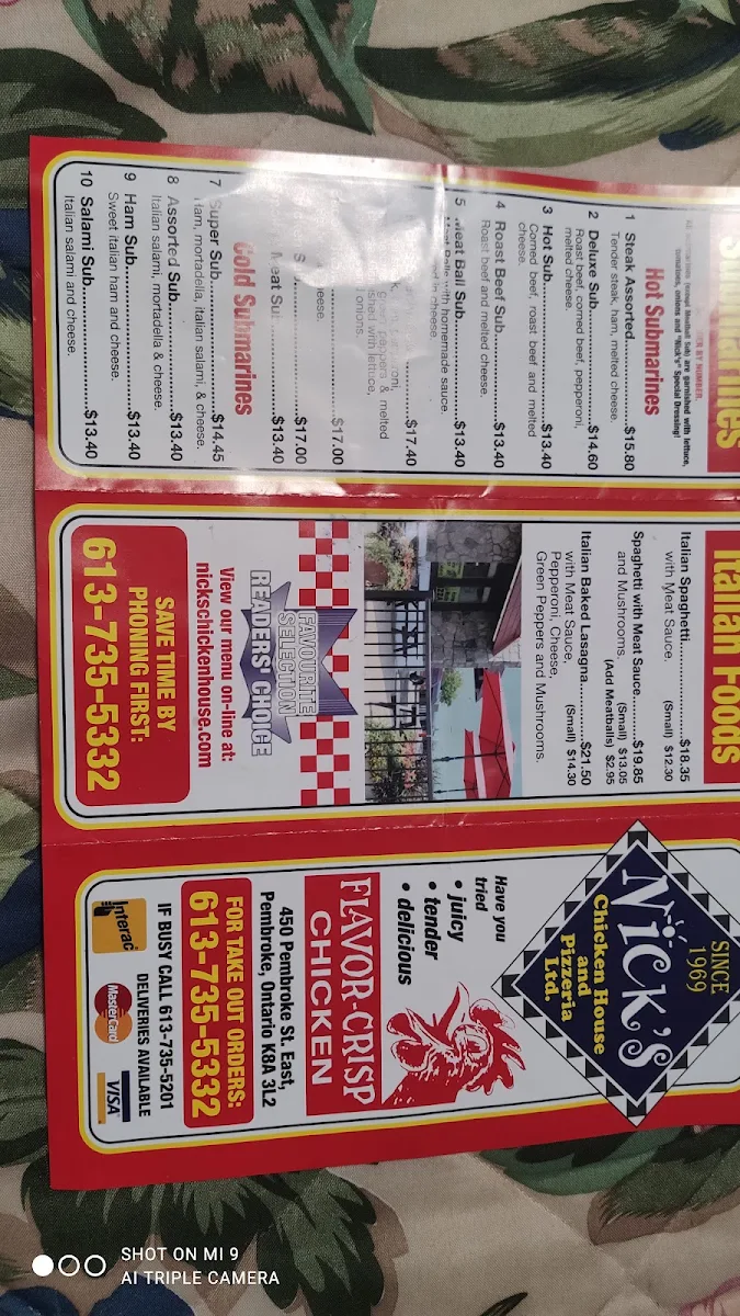 Menu, Nick's Chicken House & Pizzeria