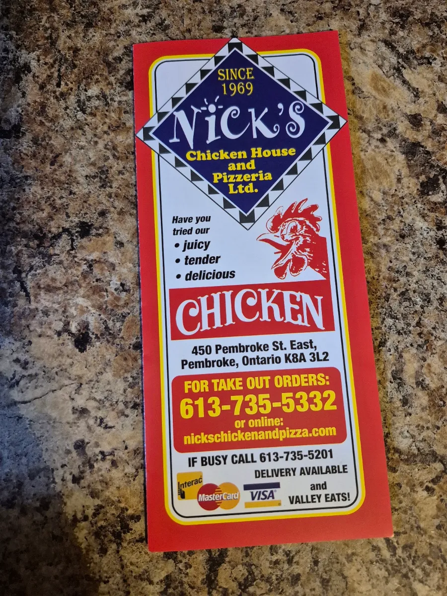 Menu, Nick's Chicken House & Pizzeria