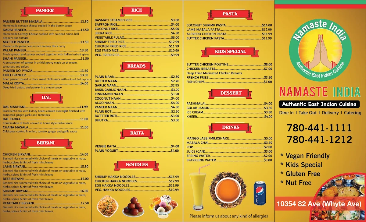 Menu, NAMASTE INDIA (Whyte Ave)