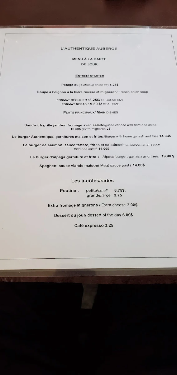 Menu, L'Authentique Auberge de Charlevoix