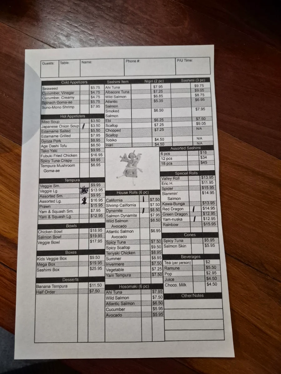 Menu, Fubuki Sushi