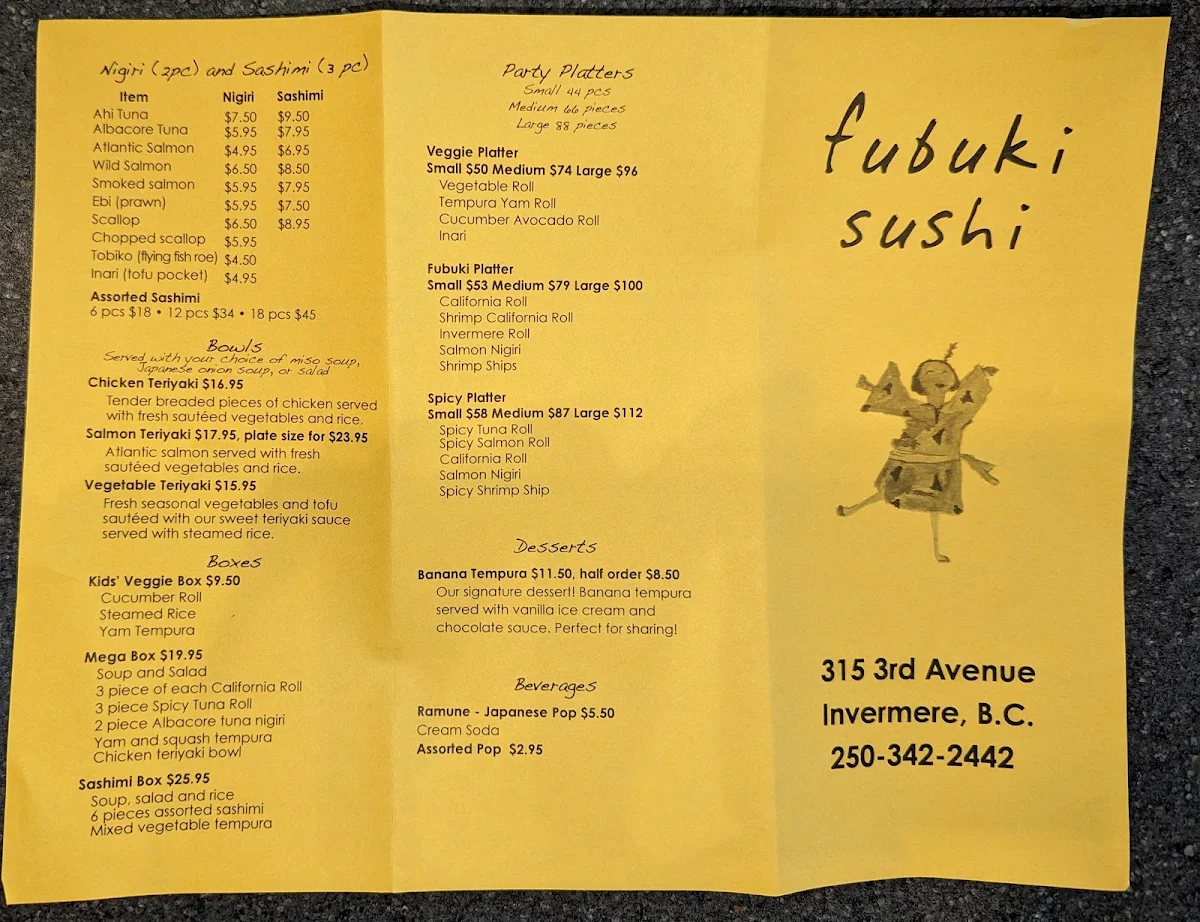 Menu, Fubuki Sushi
