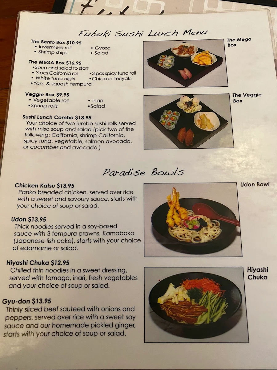 Menu, Fubuki Sushi