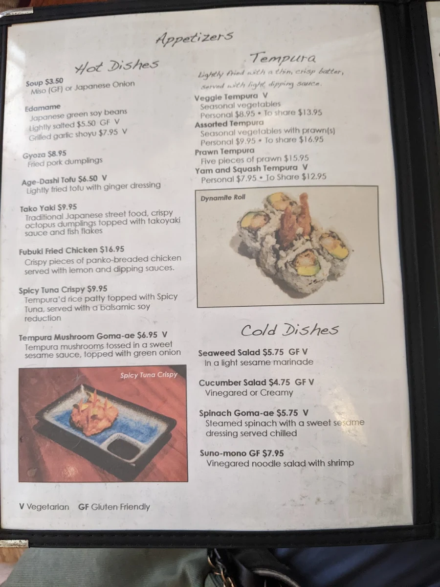 Menu, Fubuki Sushi