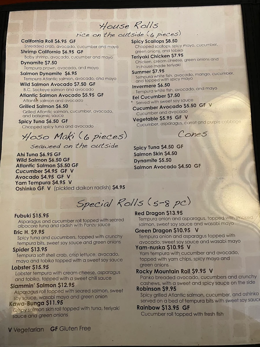 Menu, Fubuki Sushi