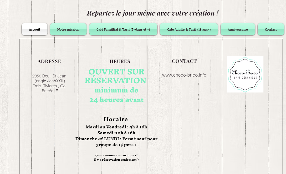 Menu, CHOCO-BRICO café céramique