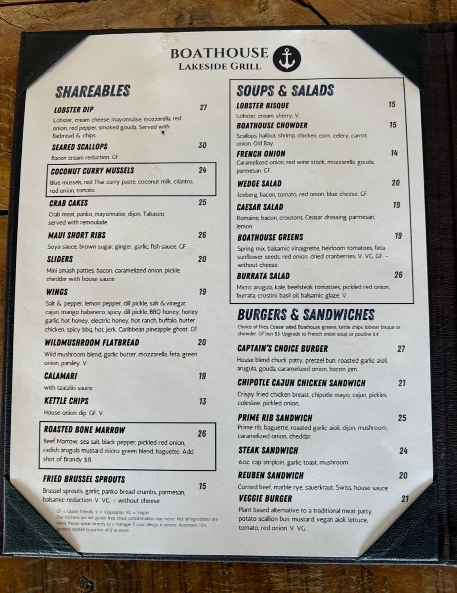 Menu, Boathouse Lakeside Grill