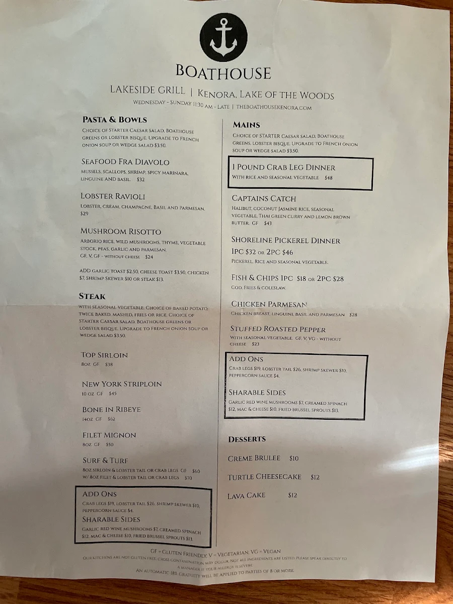 Menu, Boathouse Lakeside Grill