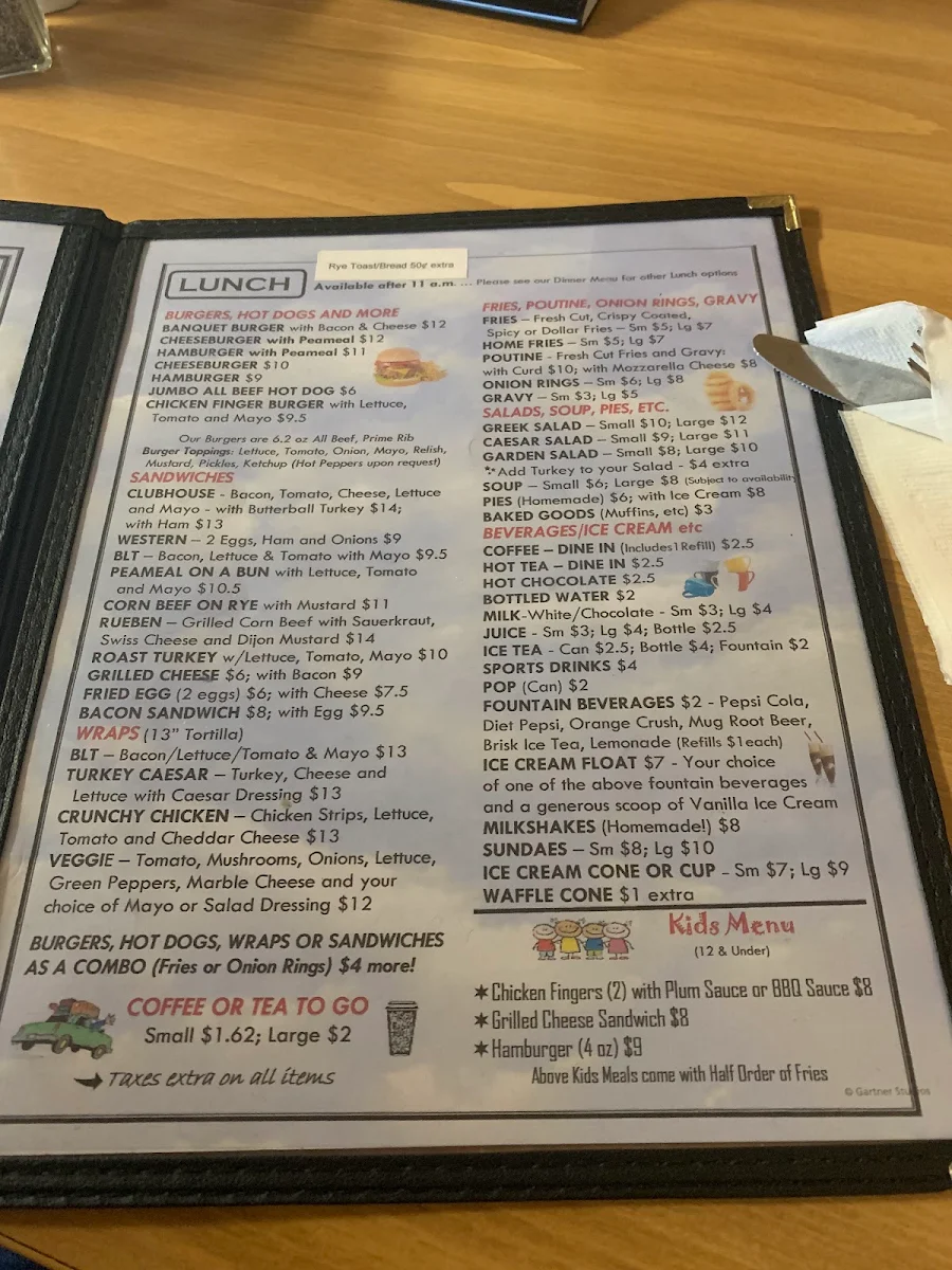 Menu, Scenery Drive Restaurant, 6193 County Road 45, Baltimore, Ontario K0K 1C0