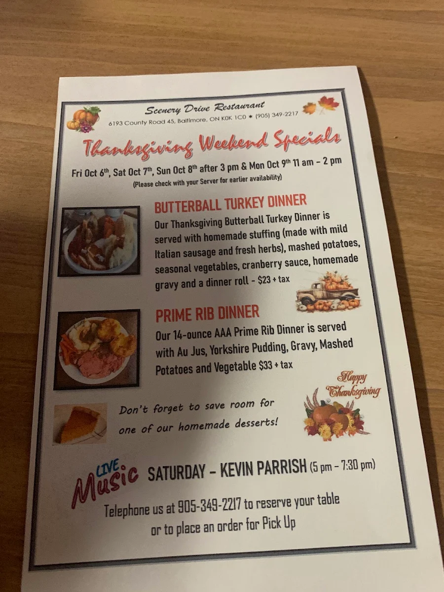 Menu, Scenery Drive Restaurant, 6193 County Road 45, Baltimore, Ontario K0K 1C0