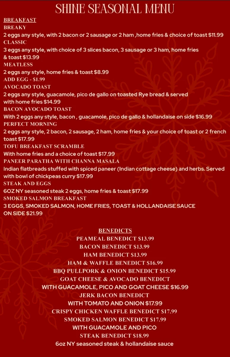 Menu, Shine Family Restaurant