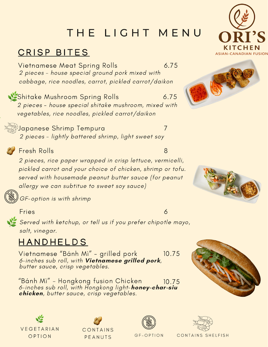 Menu, Ori's catering