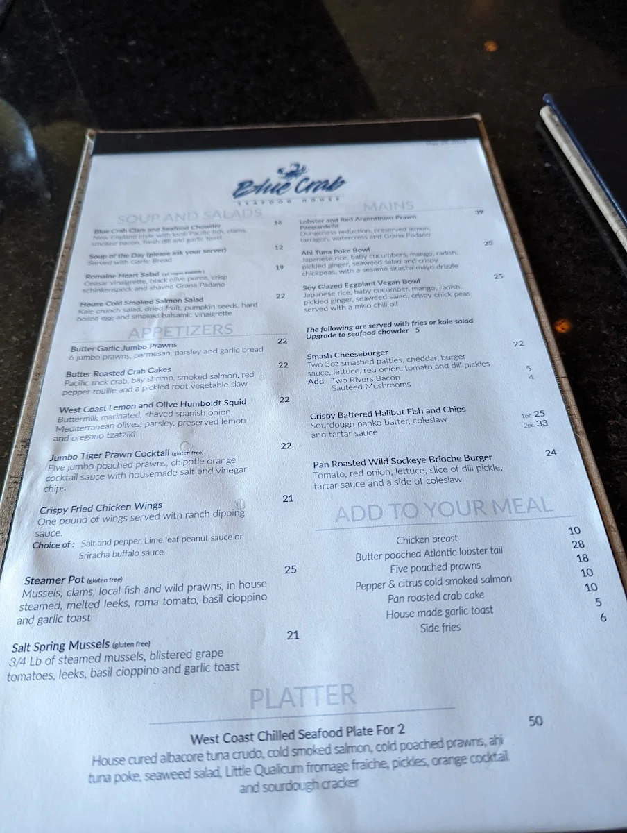 Menu, Blue Crab Seafood House