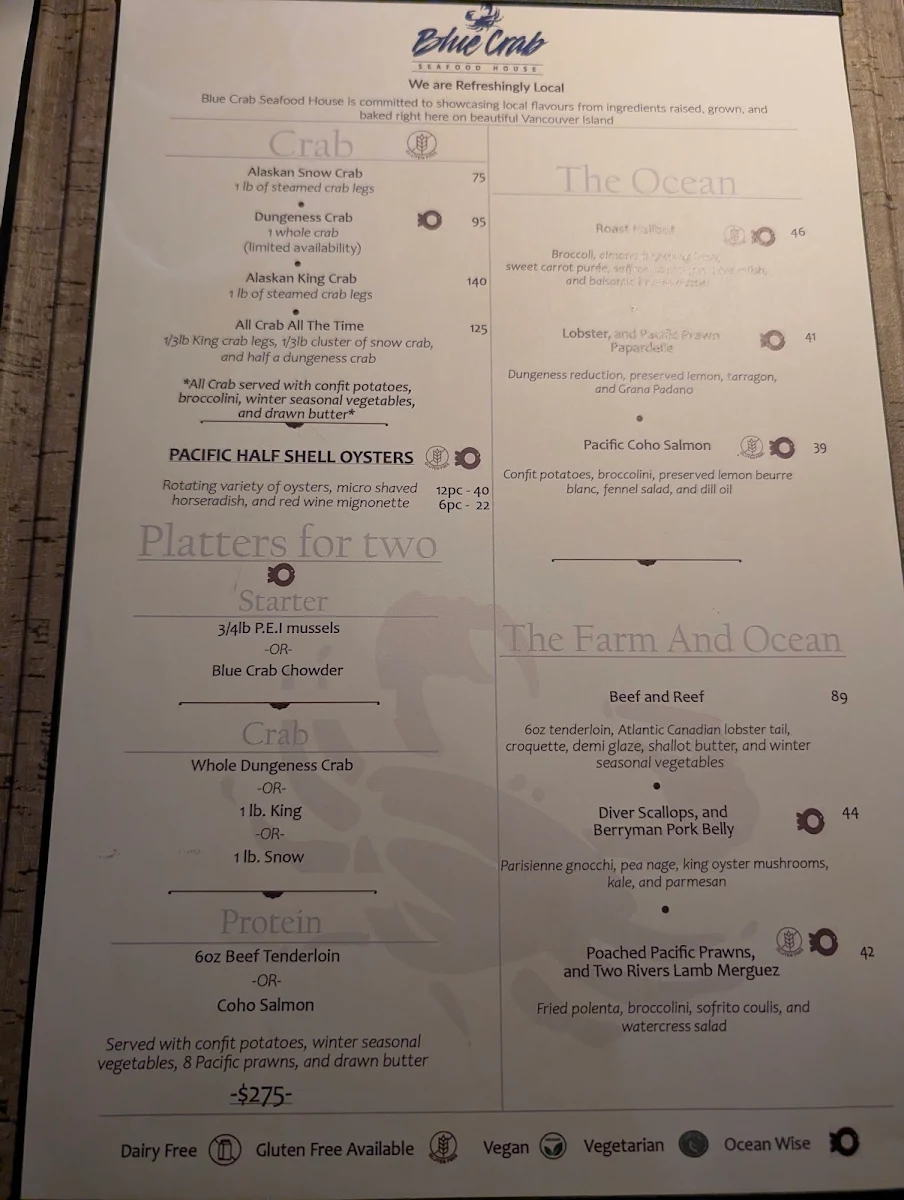 Menu, Blue Crab Seafood House