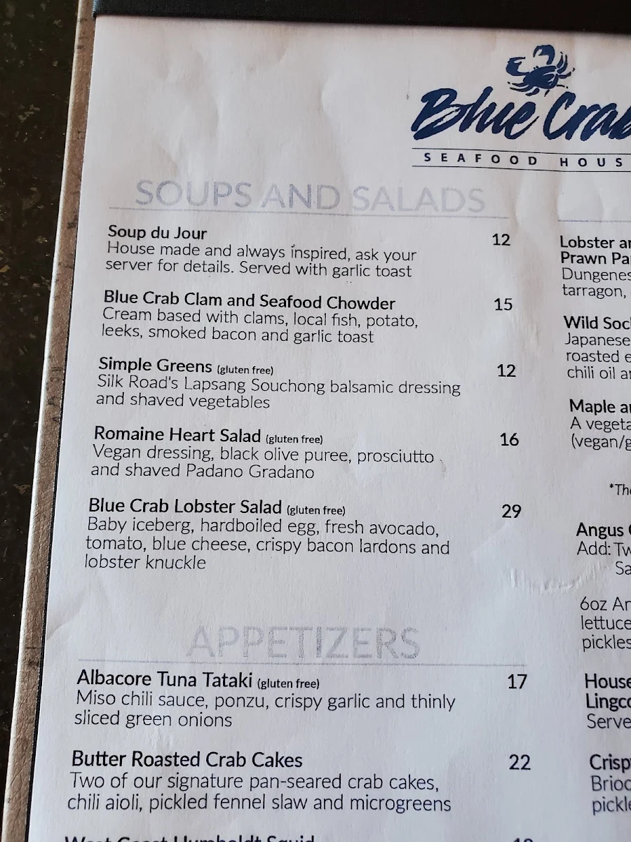 Menu, Blue Crab Seafood House