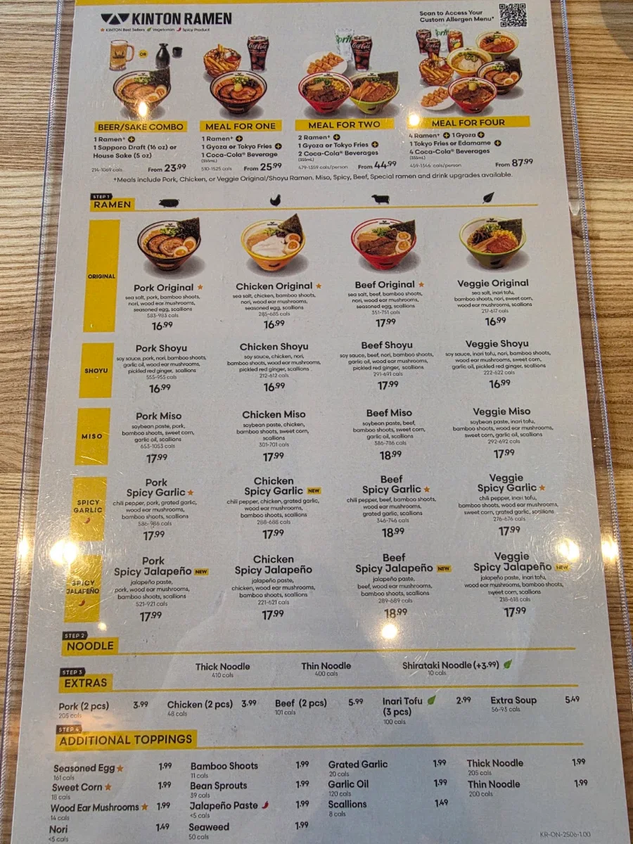 Menu, KINTON RAMEN BARRHAVEN OTTAWA