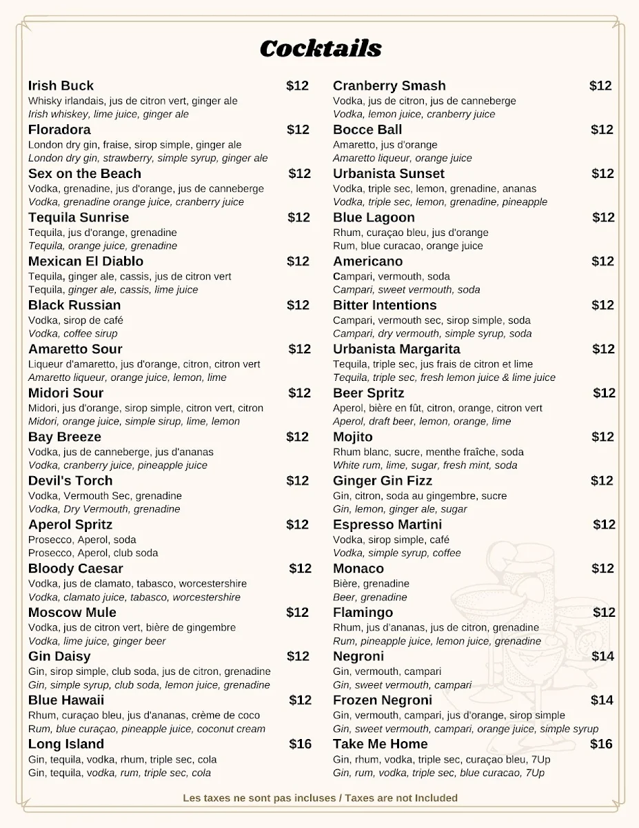 Menu, URBANISTA RESTO BAR