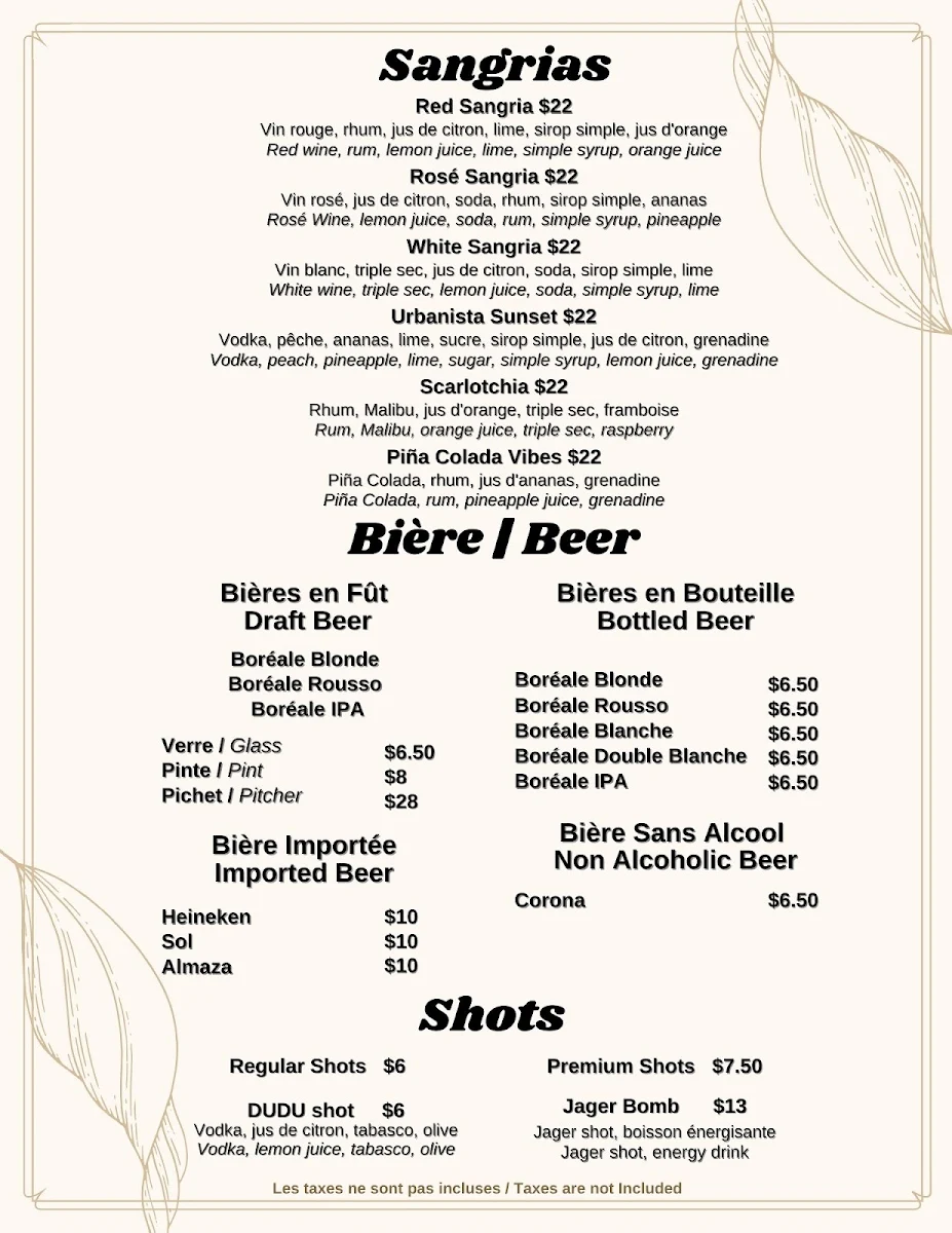 Menu, URBANISTA RESTO BAR
