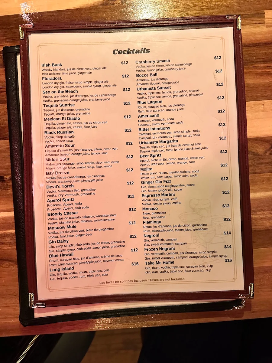 Menu, URBANISTA RESTO BAR