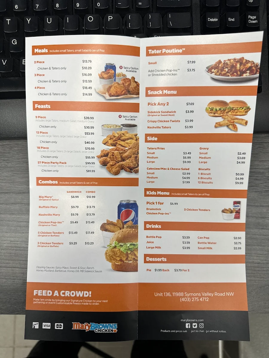 Menu, Mary Brown's Chicken
