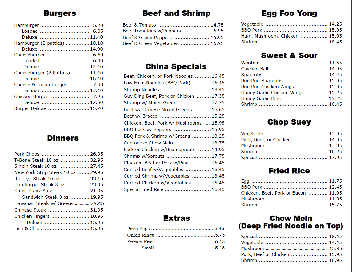 Menu, China Gardens