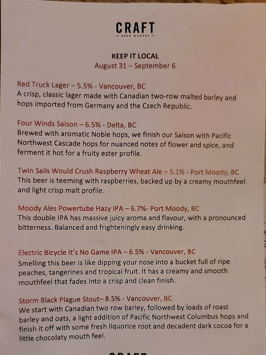 Menu, CRAFT Beer Market English Bay