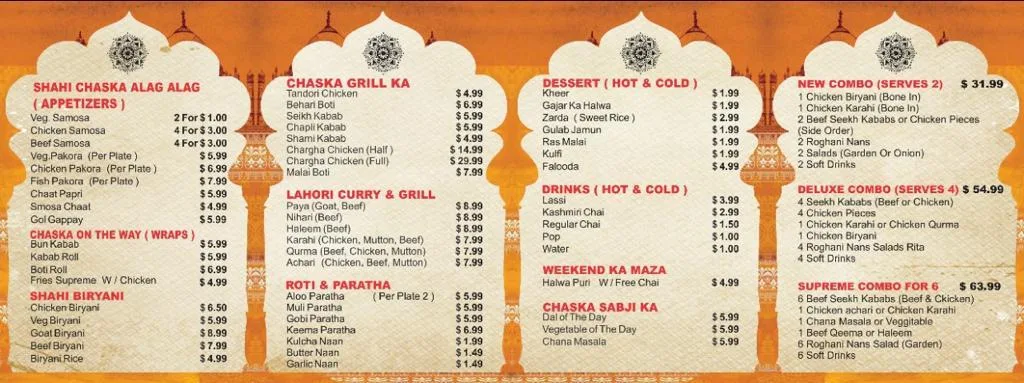 Menu, Lahori chaska & Biryani corner