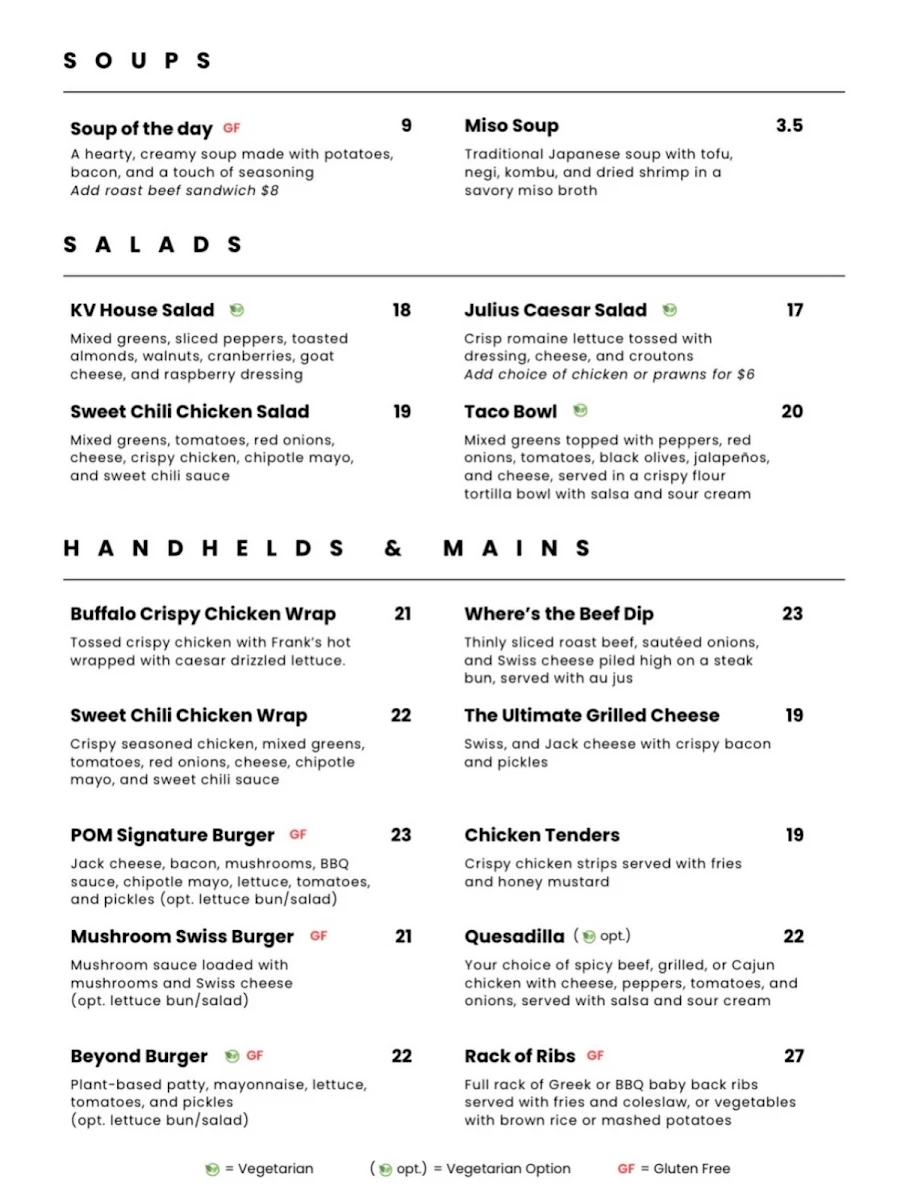 Menu, Kettle Valley Public On Main Bar & Grill