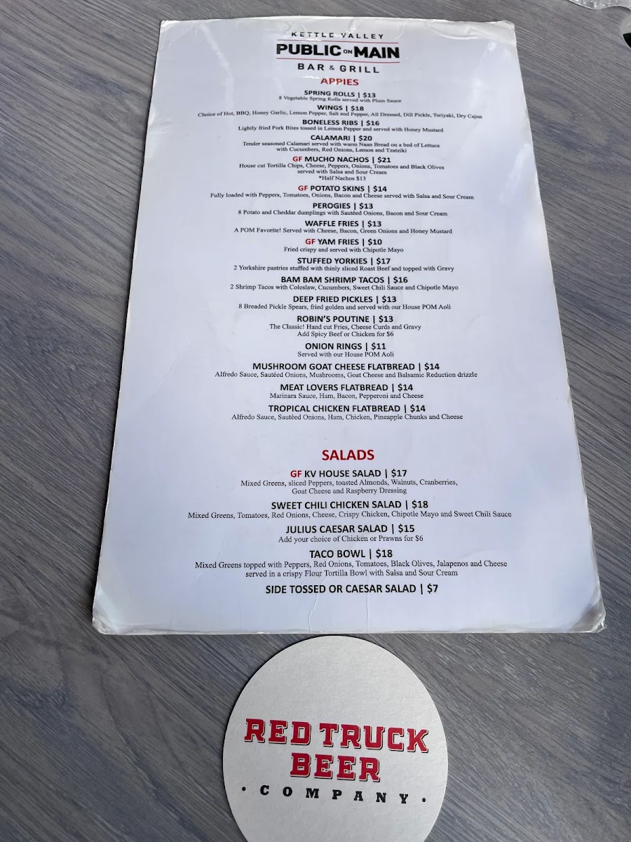 Menu, Kettle Valley Public On Main Bar & Grill