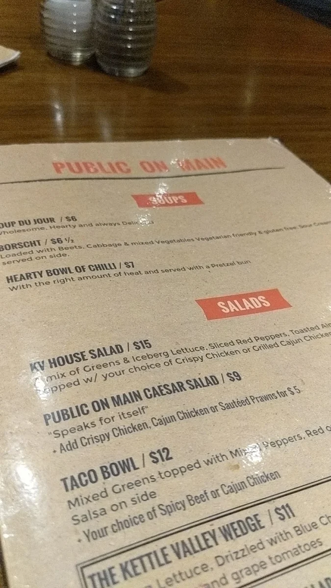 Menu, Kettle Valley Public On Main Bar & Grill