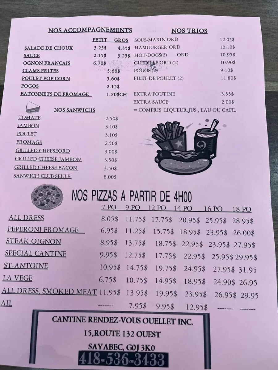 Menu, Cantine Rendez-Vous Ouellet Inc