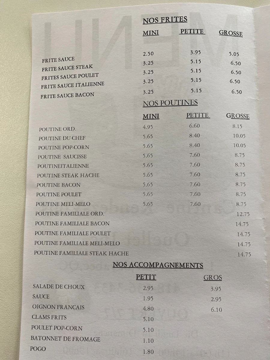 Menu, Cantine Rendez-Vous Ouellet Inc