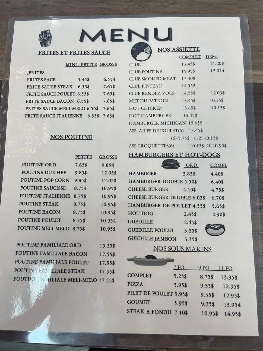 Menu, Cantine Rendez-Vous Ouellet Inc