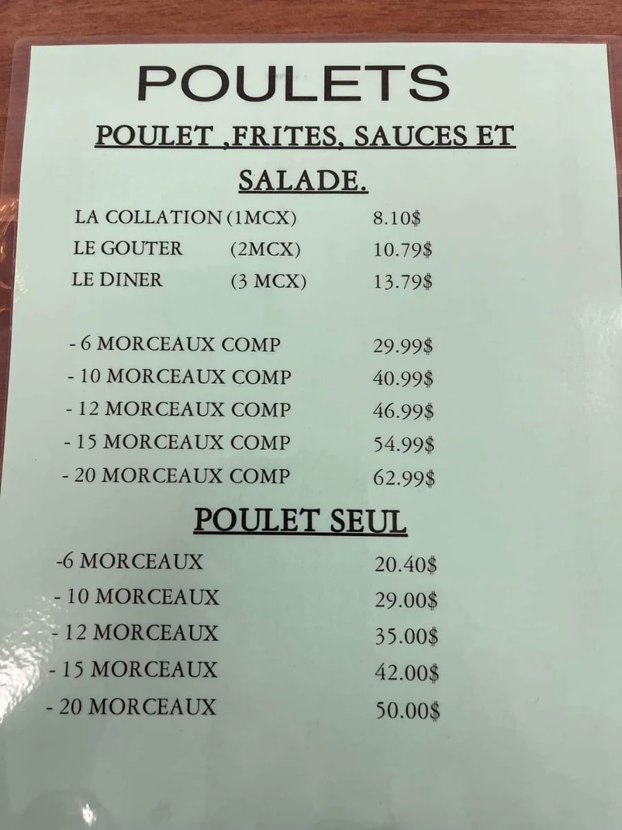 Menu, Cantine Rendez-Vous Ouellet Inc