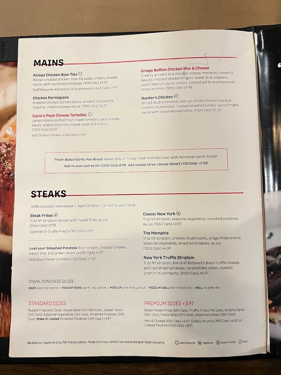 Menu, Jack's Brampton