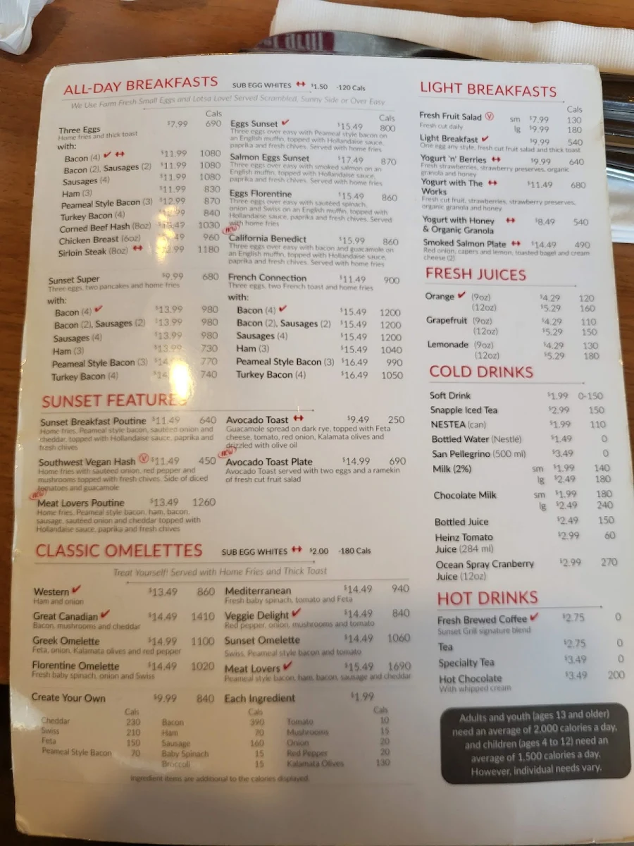 Menu, Sunset Grill
