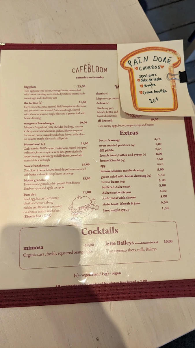 Menu, Le Café Bloom