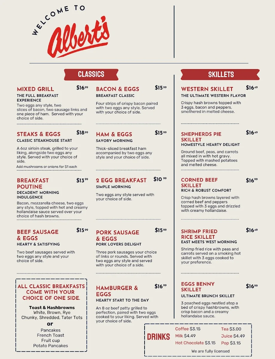 Menu, Albert's