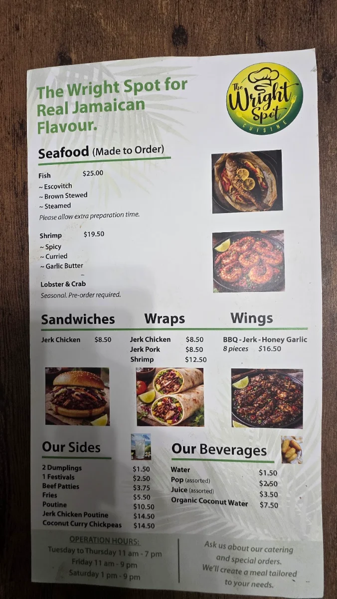Menu, The Wright Spot Cuisine