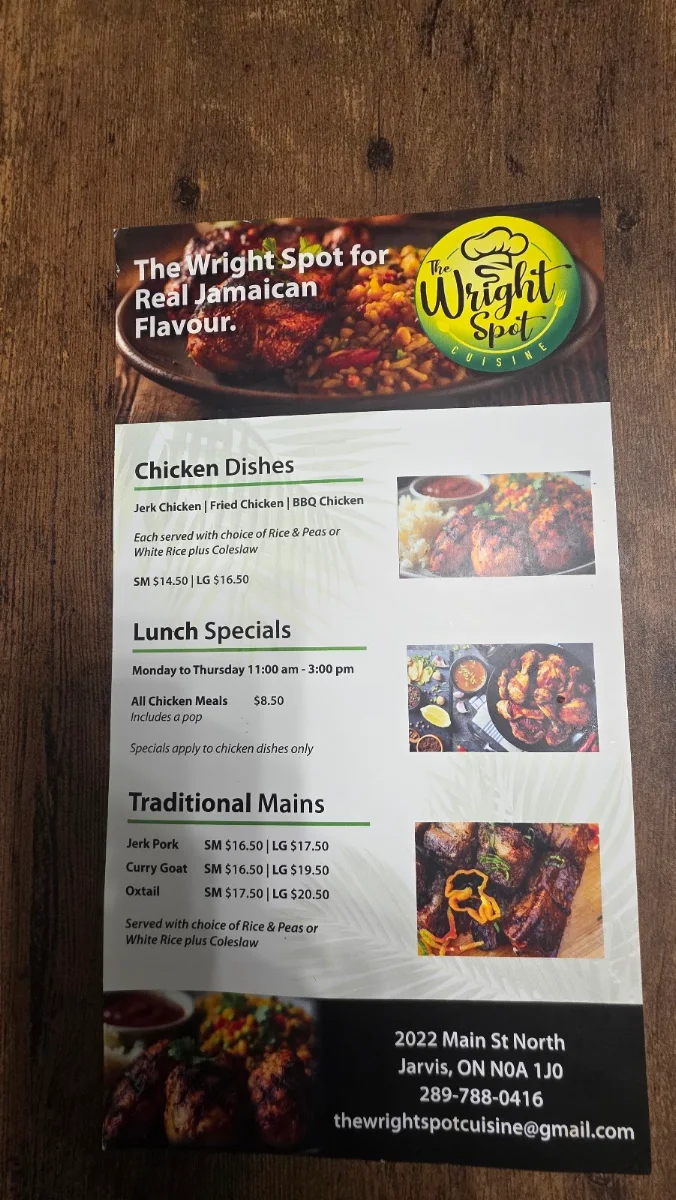 Menu, The Wright Spot Cuisine