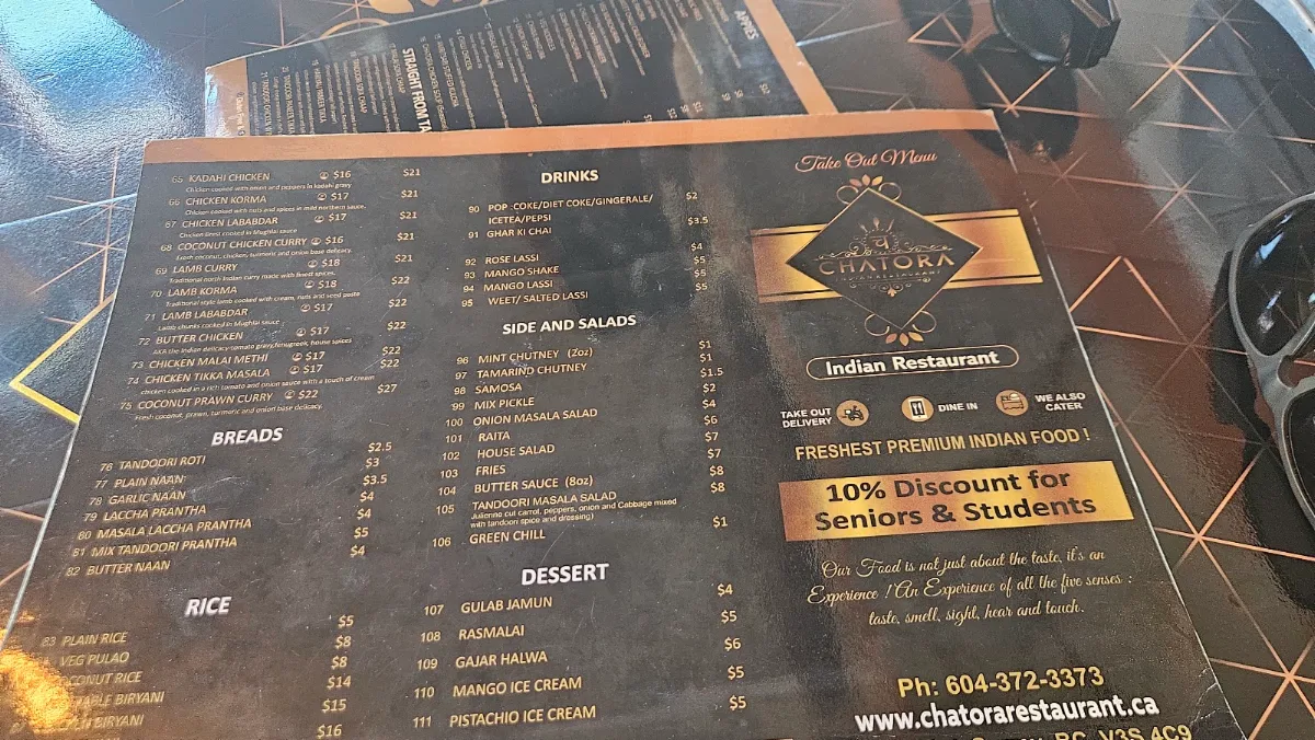 Menu, Chatora Indian Restaurant