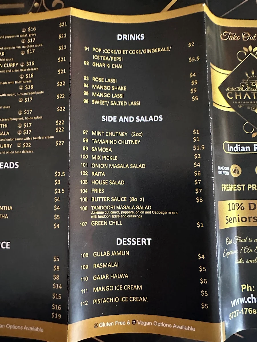 Menu, Chatora Indian Restaurant