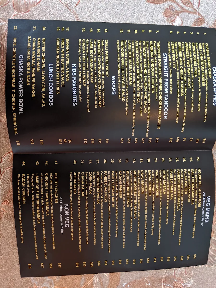 Menu, Chatora Indian Restaurant