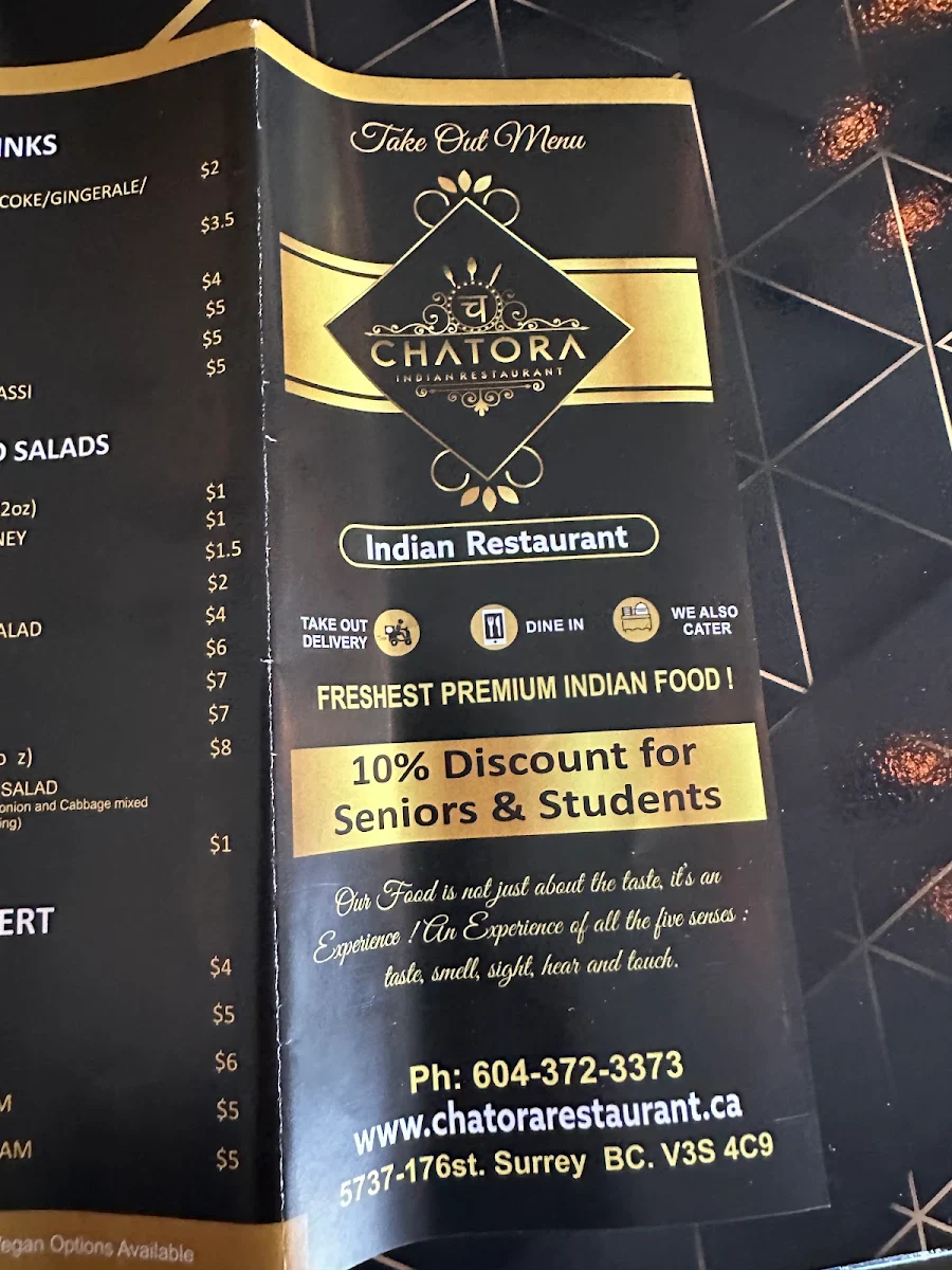 Menu, Chatora Indian Restaurant