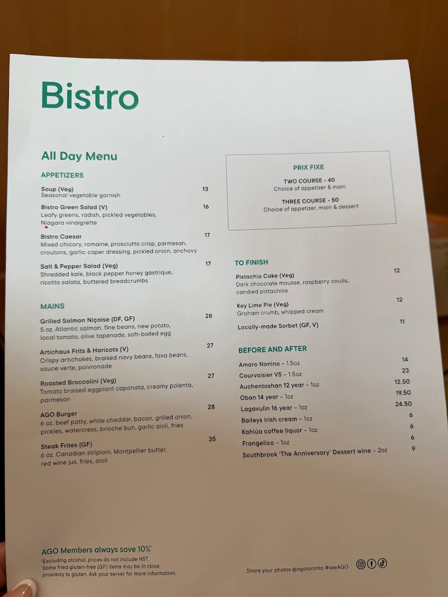 Menu, AGO Bistro