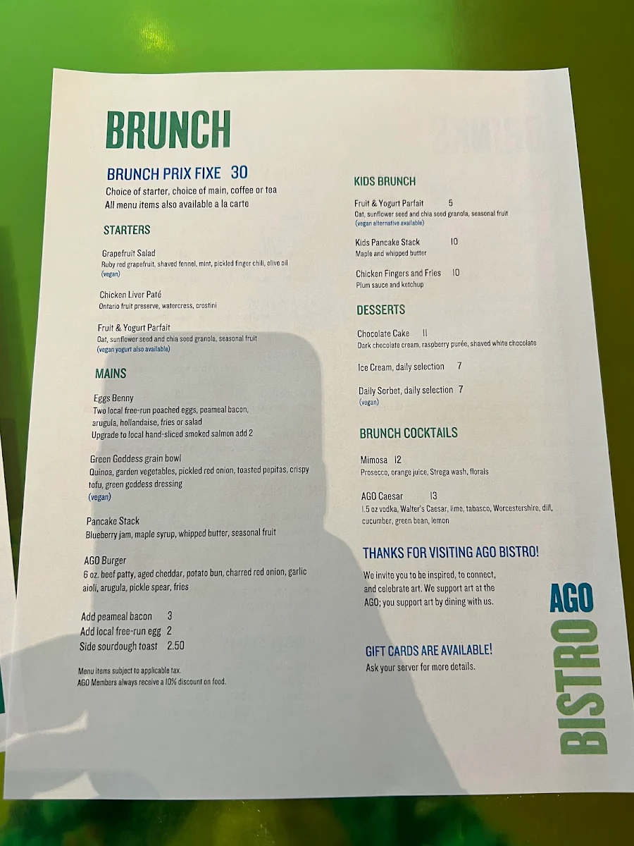 Menu, AGO Bistro