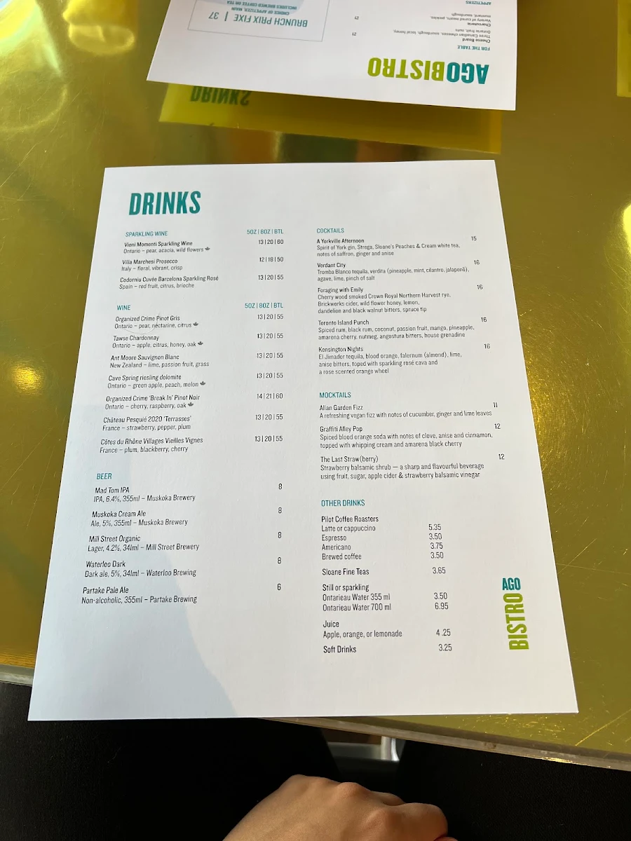 Menu, AGO Bistro