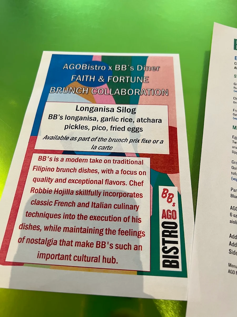 Menu, AGO Bistro