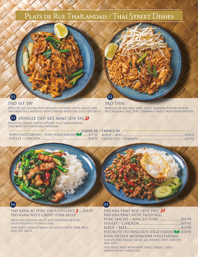 Menu, Siwalee Cuisine Thailandaise
