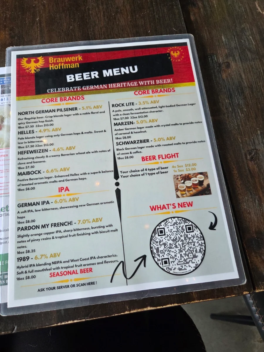 Menu, Brauwerk Hoffman Rockland